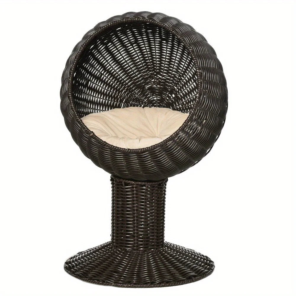 27" Rattan Wicker Elevated Cat House Kitty Scratch House Pet Bed W/ Cushion