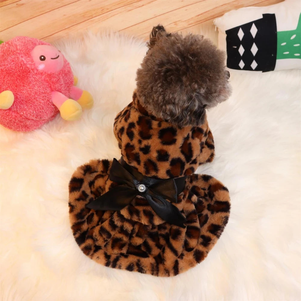Autumn Winter Pet Dog Clothes Plush Coat Leopard Print Dress for Small Dog Cat Jacket Faux Fluffy Bowknot Skirt Bulldog Pug Pood