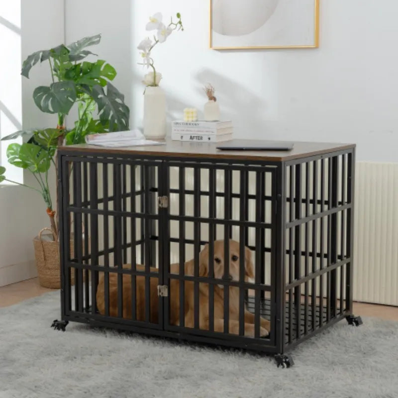 42" Heavy Duty Dog Crate for Large Medium Dogs, Furniture Style cage with 4 Lockable Wheels and 2 Locks, Decorative Pet House Wo