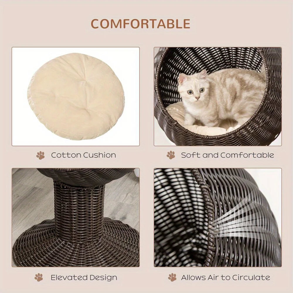 27" Rattan Wicker Elevated Cat House Kitty Scratch House Pet Bed W/ Cushion