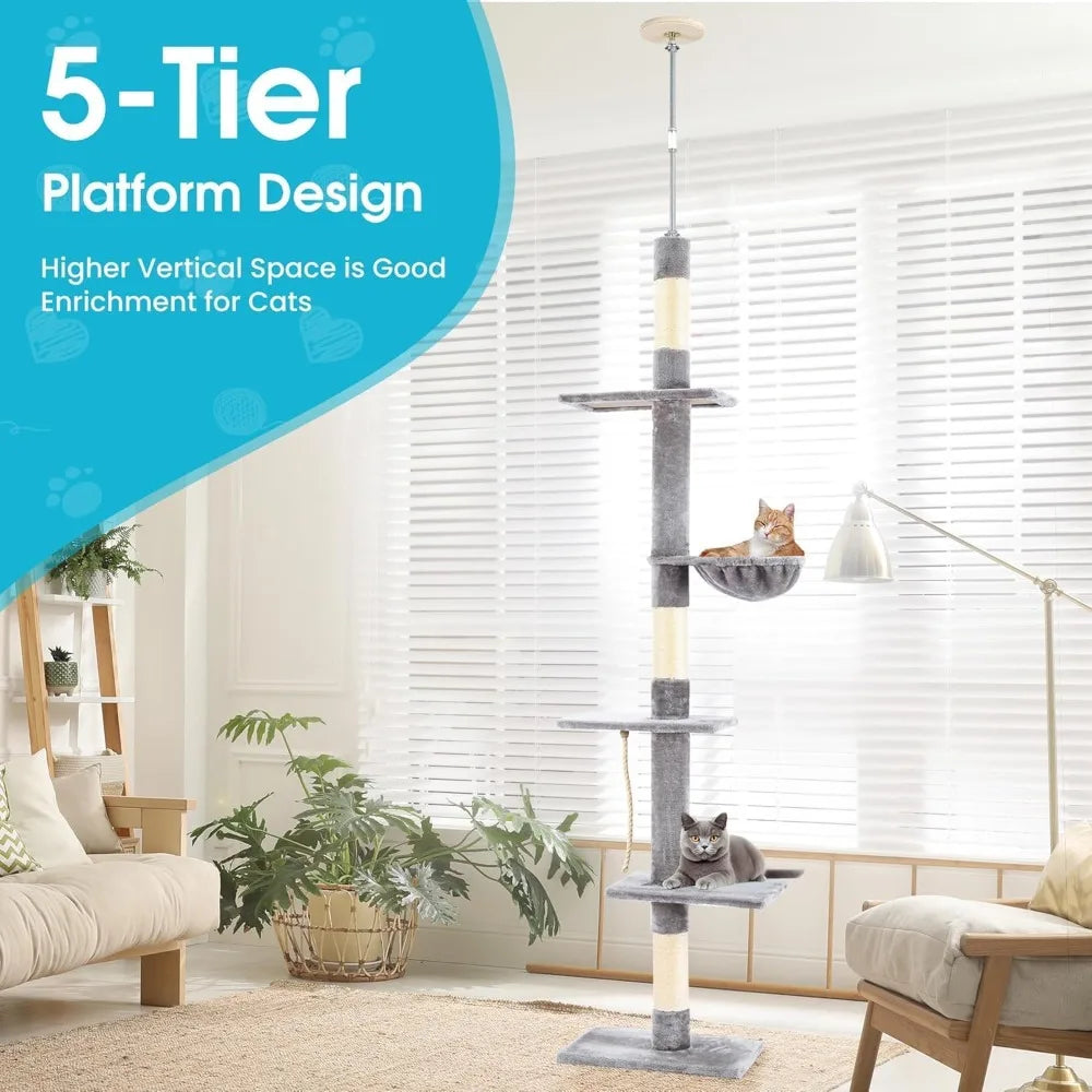 Cat Tree 5-Tier Floor to Ceiling, 89-109 Inch Adjustable Height Cat Tower with Cozy Hammock, Cat Climbing Tree for Indoor Cats,