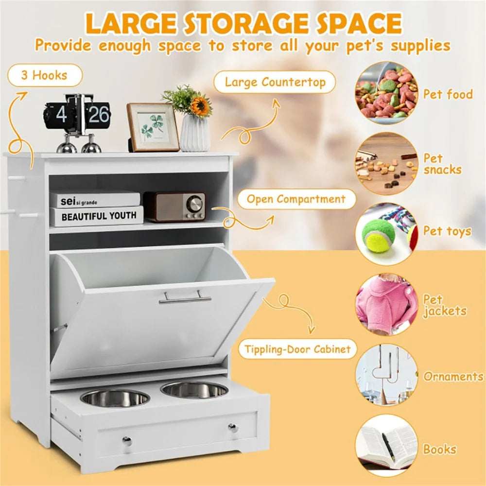 32 Inch Elevated Dog Feeder Station with Stainless Steel Bowls Pet Food Storage Cabinet Pull Out Drawer Hooks Organization