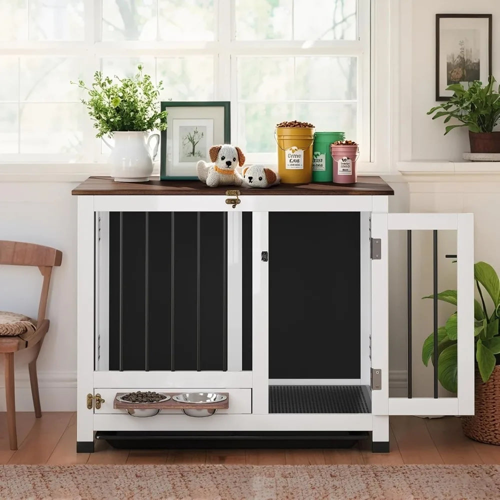 Dog Crate Furniture - 31.5" Wooden Dog Kennel with Removable Tray & 360° Rotating Feeder | Multi-Functional Dog Cage End Table f