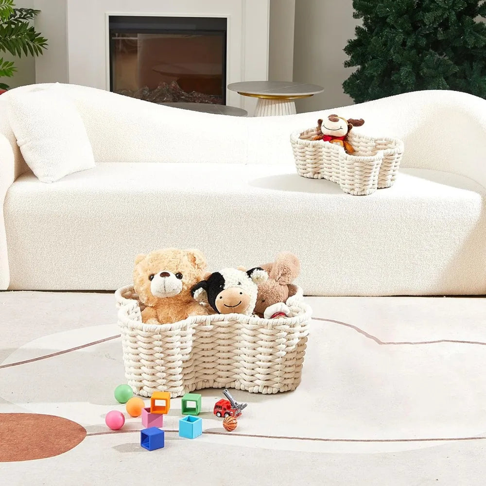 2 Pcs Dog Toy Basket Dog Toy Bin Bone Shaped Handmade Pet Organizer for Pet White Cotton Rope Basket (16.5 x 12.4 x 6.89 and 13