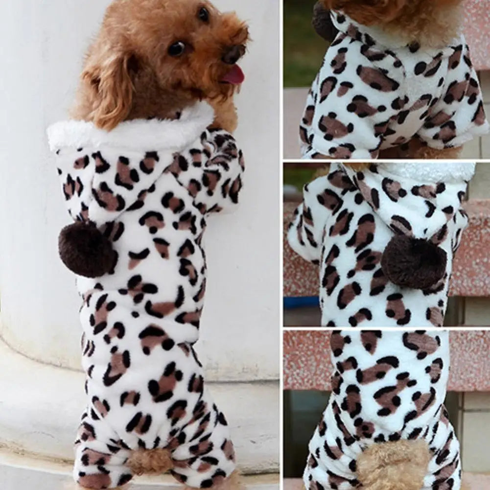 Dog Hoodie Hooded Flannel Winter Warm Leopard Printed Pet Puppy Clothes Jumpsuit Pajamas Outwear for Home