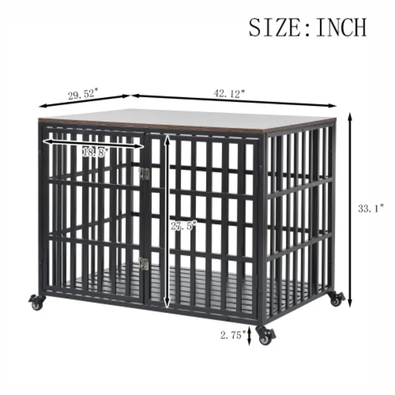 42" Heavy Duty Dog Crate for Large Medium Dogs, Furniture Style cage with 4 Lockable Wheels and 2 Locks, Decorative Pet House Wo
