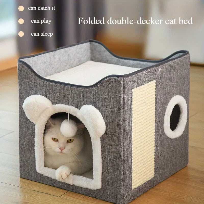 Indoor Double-decker Cat Litter, Semi-enclosed Kitten Cave Cat Villa, Large Pet House Cat Scratch Board