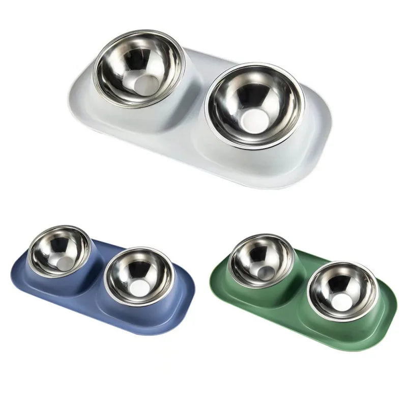 Stainless Steel Double Cat Dog Bowl Cat Food Container Plastic Non-slip Base Pet Water Feeder Tilt Safeguard Neck Puppy Cat Bowl