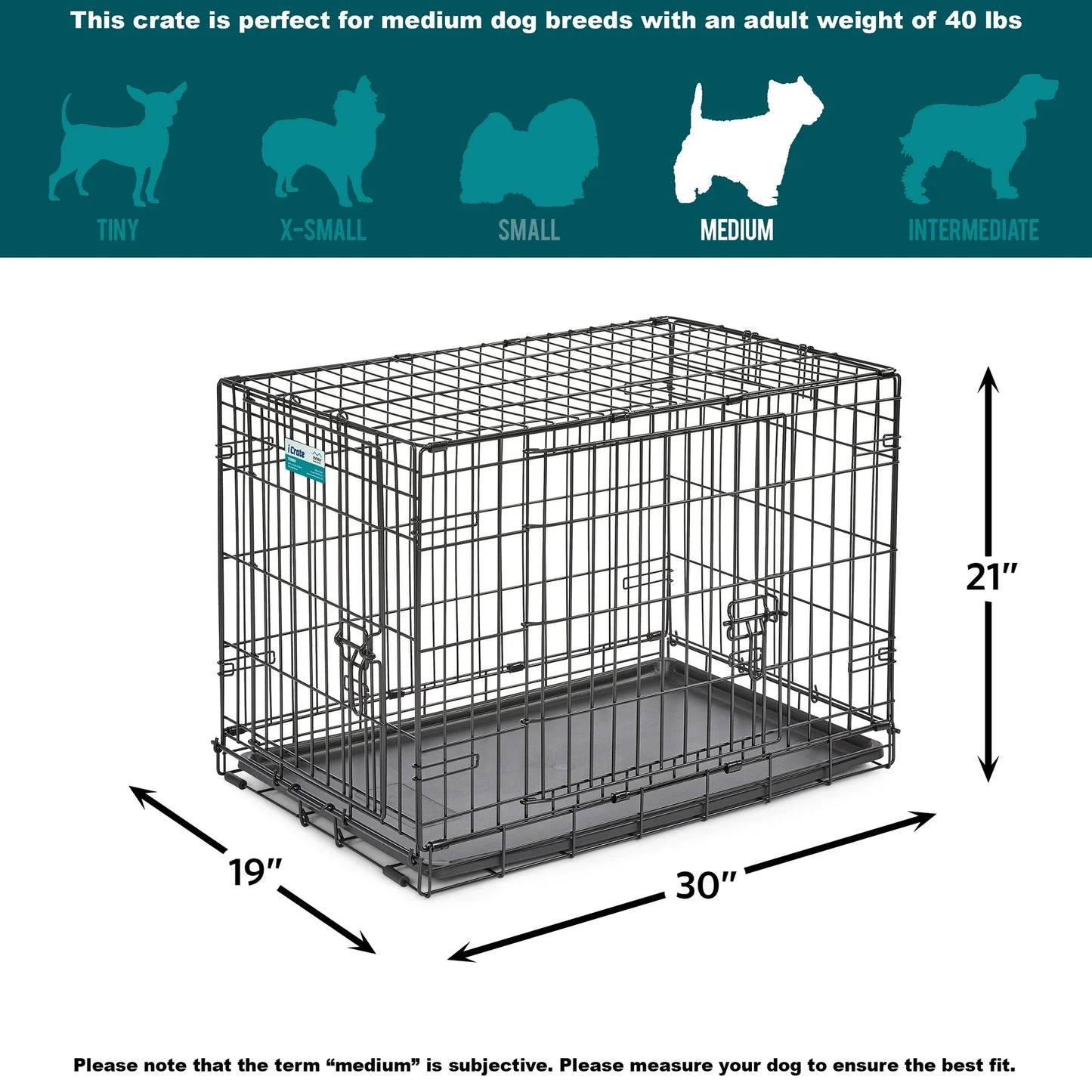 MidWest Single/Double Door iCrate Metal Dog Crate, Includes Leak-Proof Pan, Divider Panel; 22/24/30/36/42/48-inch