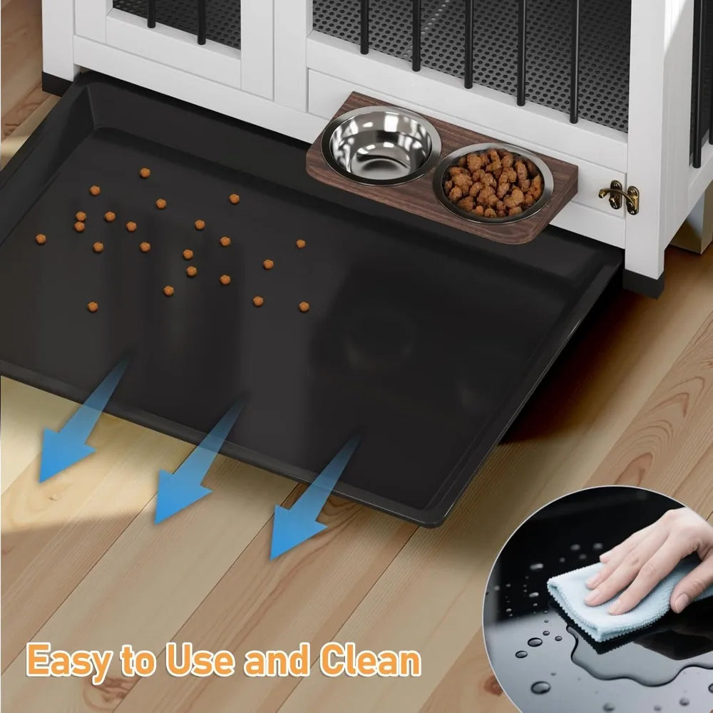 Dog Crate Furniture - 31.5" Wooden Dog Kennel with Removable Tray & 360° Rotating Feeder | Multi-Functional Dog Cage End Table f