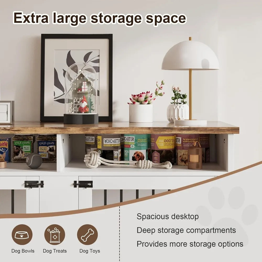 72'' Dog Crate Furniture for 2 Dogs, Wooden Dog Cage with Storage Compartment, Indoor Dog Kennel with 4 Doors for Large/Medium D