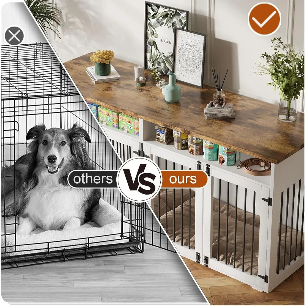 72'' Dog Crate Furniture for 2 Dogs, Wooden Dog Cage with Storage Compartment, Indoor Dog Kennel with 4 Doors for Large/Medium D
