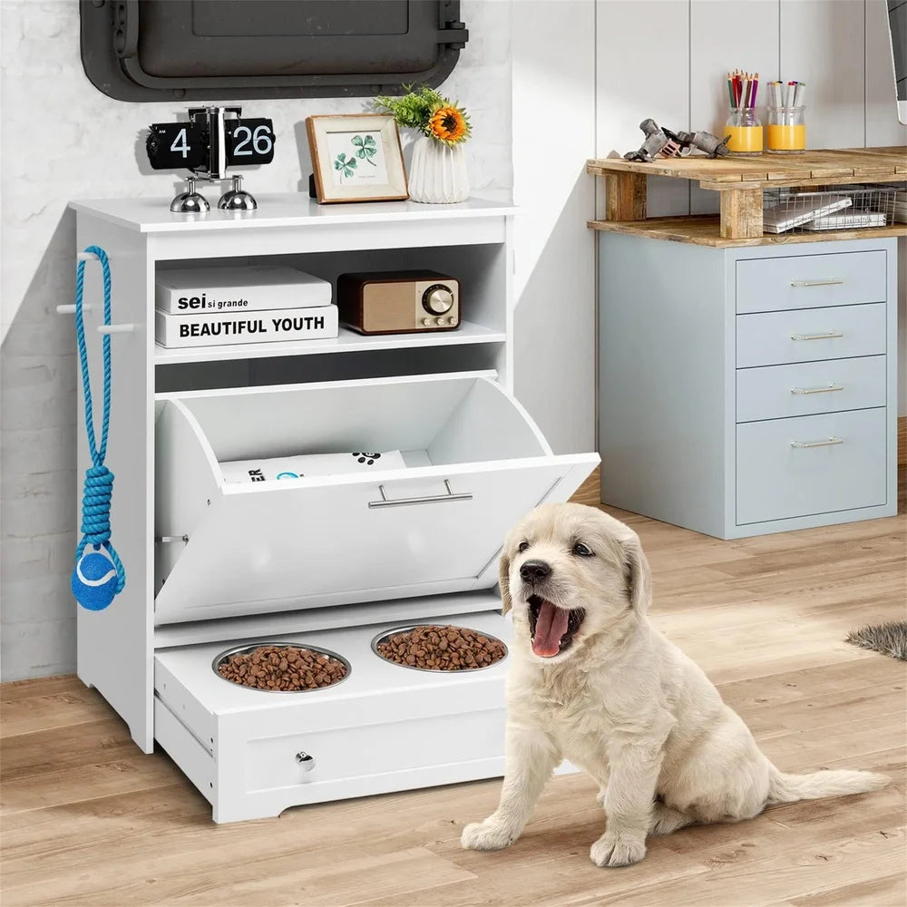 32 Inch Elevated Dog Feeder Station with Stainless Steel Bowls Pet Food Storage Cabinet Pull Out Drawer Hooks Organization