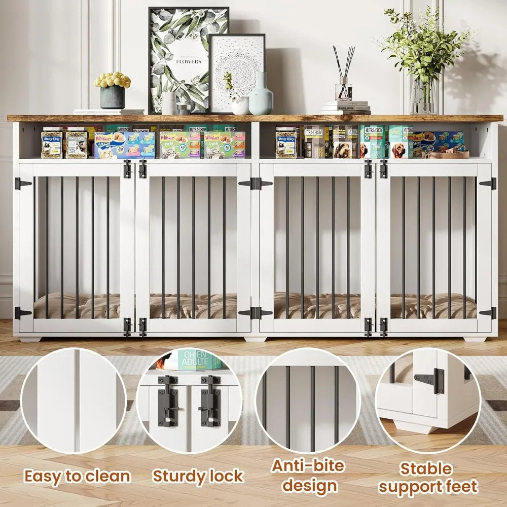 72'' Dog Crate Furniture for 2 Dogs, Wooden Dog Cage with Storage Compartment, Indoor Dog Kennel with 4 Doors for Large/Medium D