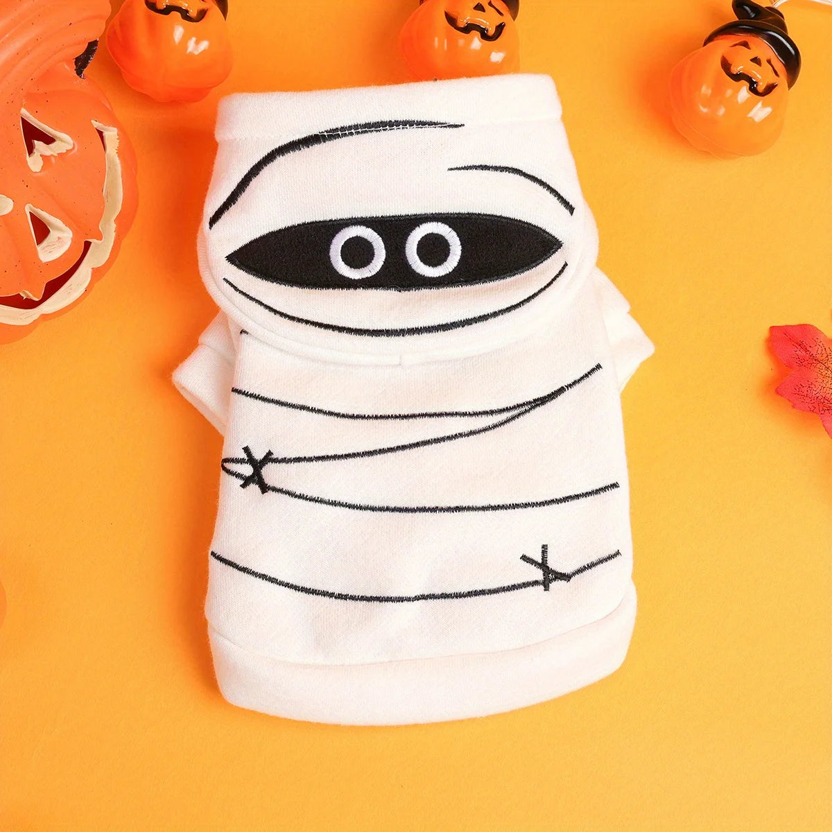 Halloween Mummy Sweater Pet Clothes Dog Cat White Warm Funny Embroidered Open Button Hooded Jacket