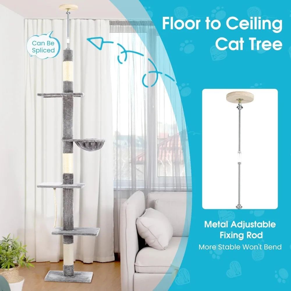 Cat Tree 5-Tier Floor to Ceiling, 89-109 Inch Adjustable Height Cat Tower with Cozy Hammock, Cat Climbing Tree for Indoor Cats,