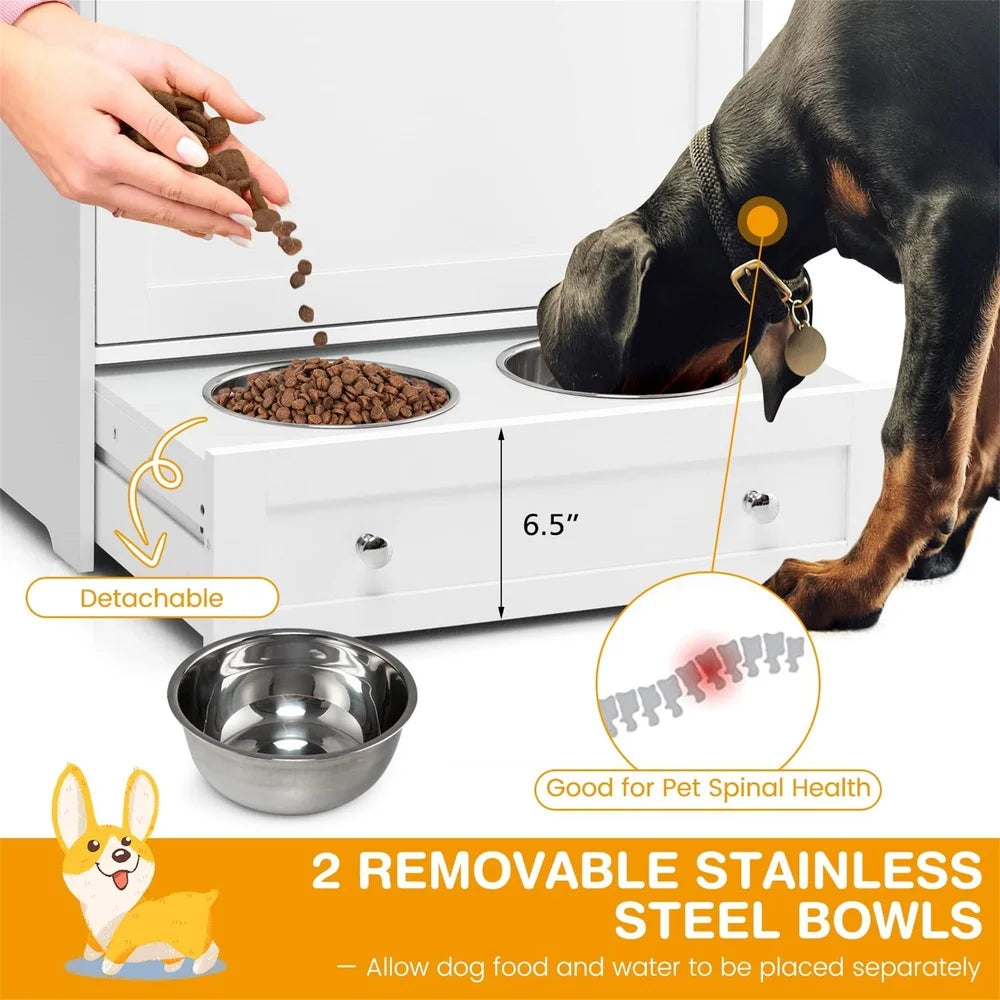 32 Inch Elevated Dog Feeder Station with Stainless Steel Bowls Pet Food Storage Cabinet Pull Out Drawer Hooks Organization