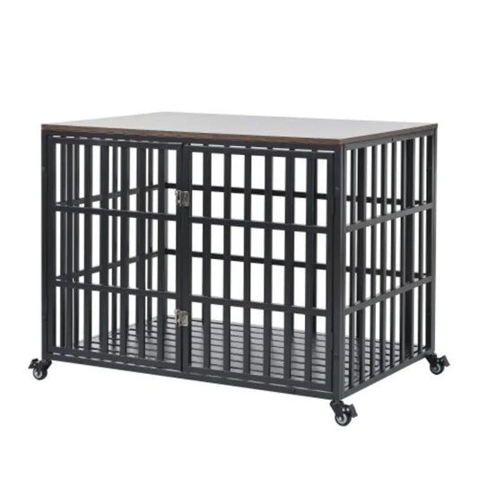 42" Heavy Duty Dog Crate for Large Medium Dogs, Furniture Style cage with 4 Lockable Wheels and 2 Locks, Decorative Pet House Wo