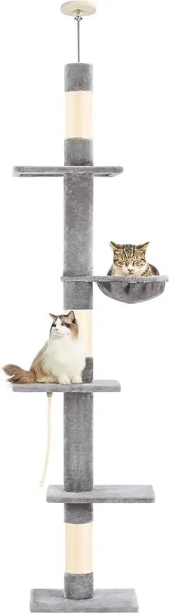 Cat Tree 5-Tier Floor to Ceiling, 89-109 Inch Adjustable Height Cat Tower with Cozy Hammock, Cat Climbing Tree for Indoor Cats,