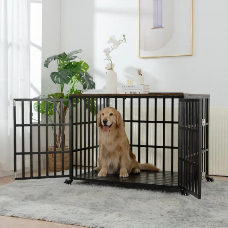 42" Heavy Duty Dog Crate for Large Medium Dogs, Furniture Style cage with 4 Lockable Wheels and 2 Locks, Decorative Pet House Wo