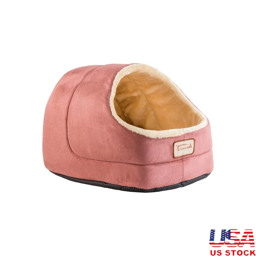 Small Cat Bed Cave Waterproof Base Faux Suede Faux Fur Extra Thick Polyfill Insert Padding Cozy Pet Mat Hand Wash Machine Wash