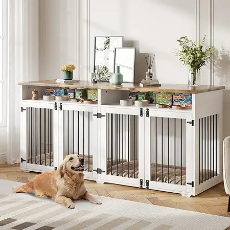 72'' Dog Crate Furniture for 2 Dogs, Wooden Dog Cage with Storage Compartment, Indoor Dog Kennel with 4 Doors for Large/Medium D
