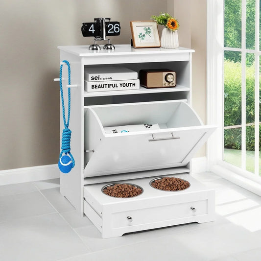 32 Inch Elevated Dog Feeder Station with Stainless Steel Bowls Pet Food Storage Cabinet Pull Out Drawer Hooks Organization