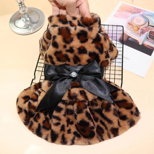 Autumn Winter Pet Dog Clothes Plush Coat Leopard Print Dress for Small Dog Cat Jacket Faux Fluffy Bowknot Skirt Bulldog Pug Pood