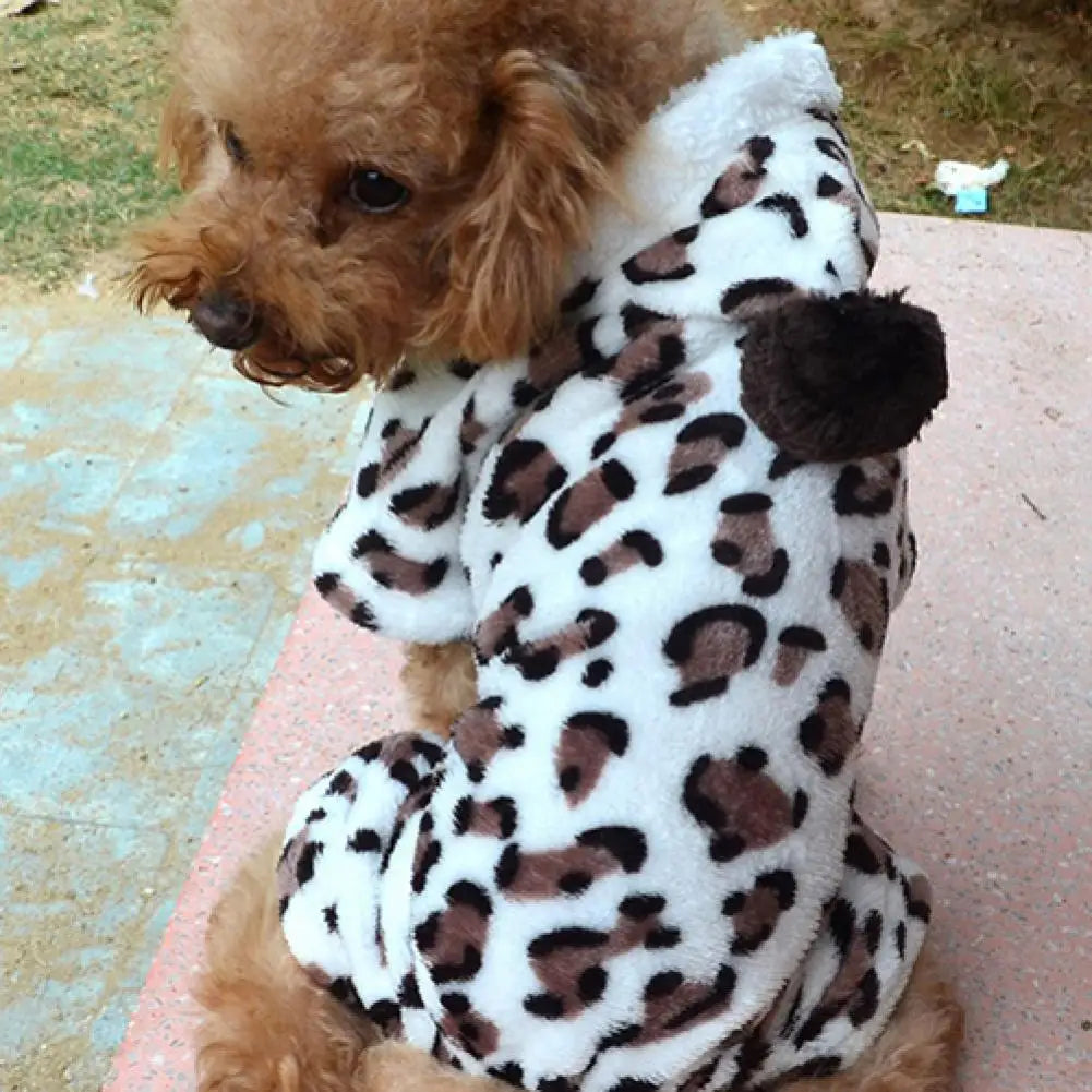 Dog Hoodie Hooded Flannel Winter Warm Leopard Printed Pet Puppy Clothes Jumpsuit Pajamas Outwear for Home
