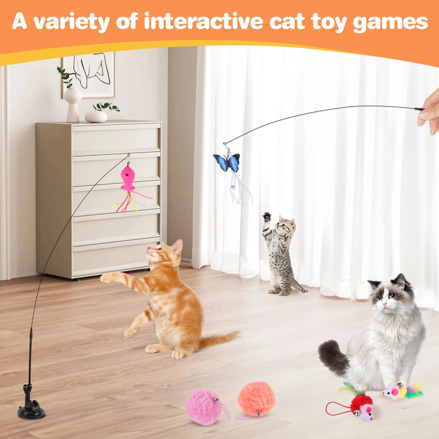 Pet Cat Toy Set Teaser Stick Set Detachable Replacement Head Toy Suit Interactive Cat Toy for Cat Training Playing Accessories
