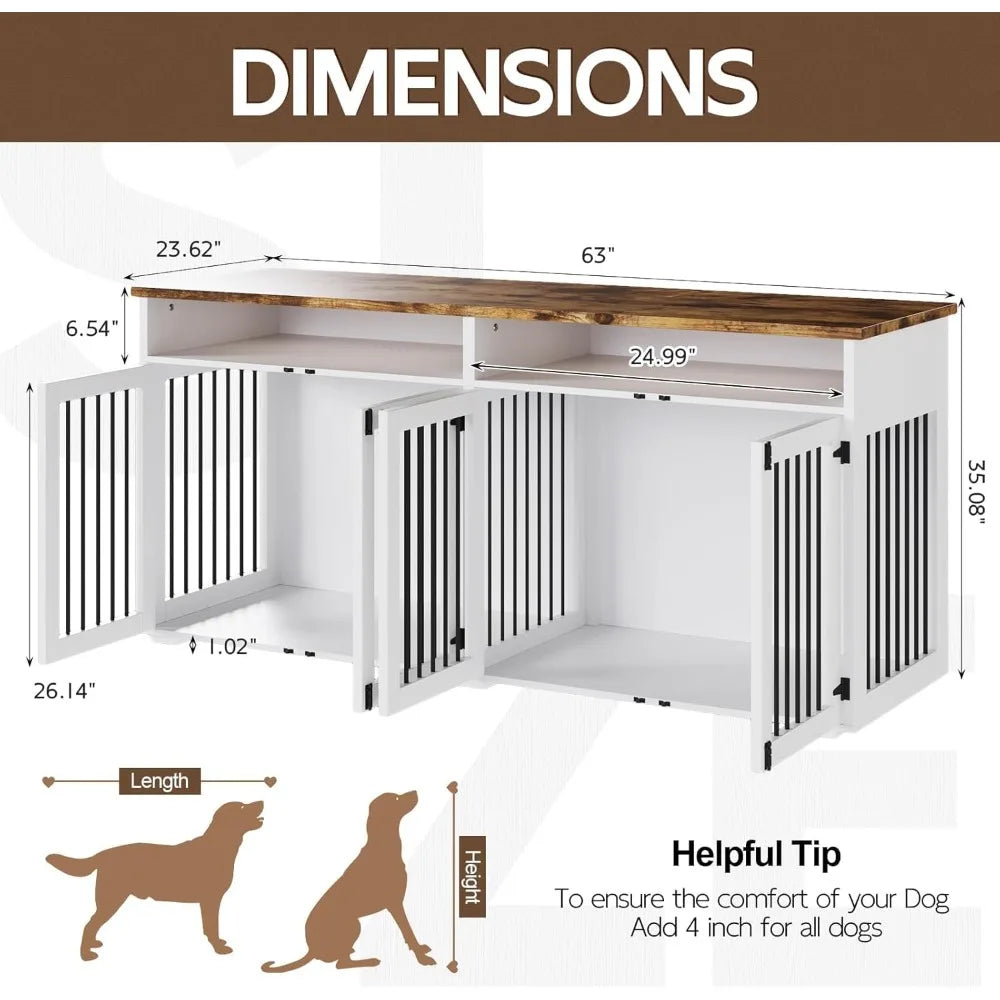 72'' Dog Crate Furniture for 2 Dogs, Wooden Dog Cage with Storage Compartment, Indoor Dog Kennel with 4 Doors for Large/Medium D