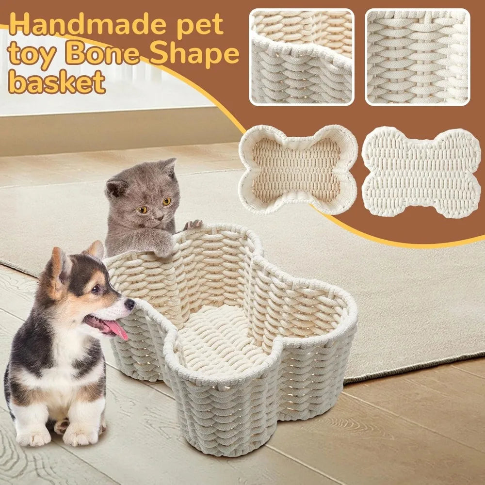 2 Pcs Dog Toy Basket Dog Toy Bin Bone Shaped Handmade Pet Organizer for Pet White Cotton Rope Basket (16.5 x 12.4 x 6.89 and 13
