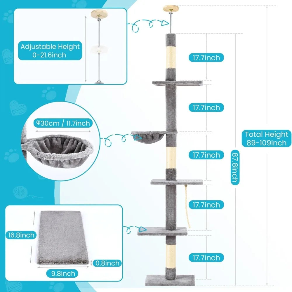 Cat Tree 5-Tier Floor to Ceiling, 89-109 Inch Adjustable Height Cat Tower with Cozy Hammock, Cat Climbing Tree for Indoor Cats,