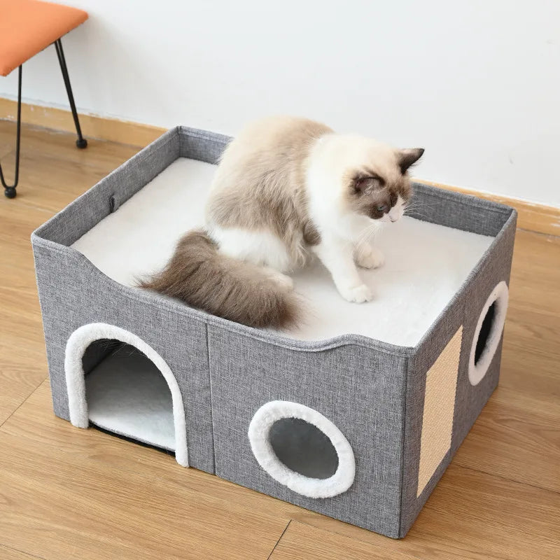 Indoor Double-decker Cat Litter, Semi-enclosed Kitten Cave Cat Villa, Large Pet House Cat Scratch Board
