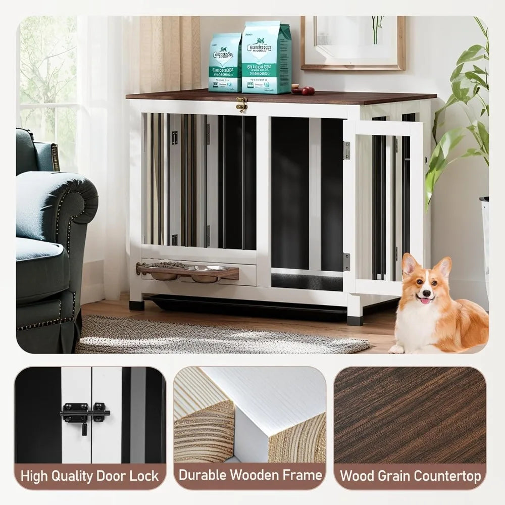 Dog Crate Furniture - 31.5" Wooden Dog Kennel with Removable Tray & 360° Rotating Feeder | Multi-Functional Dog Cage End Table f