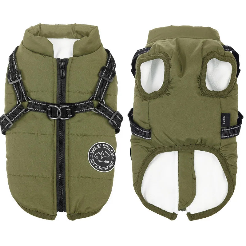 Winter Warm Dog Jacket Waterproof Pet Coat for Small Large Dog Clothes Fleece with Harness Puppy Vest Chihuahua Labrador Costume