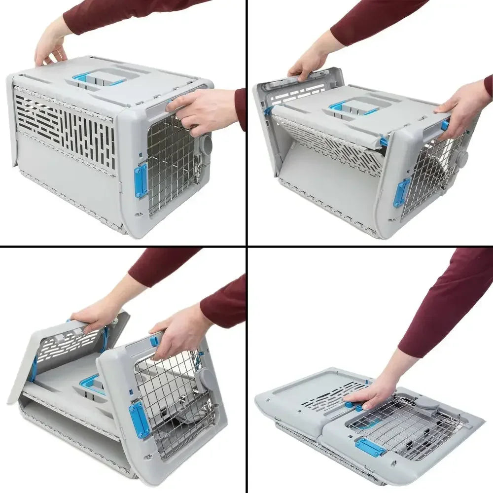 Portable Collapsible Pet Kennel Small Gray 19" Durable Twist Lock Metal Gate Ventilation Slots Easy Carry 20 lbs Dog Cat Kennel