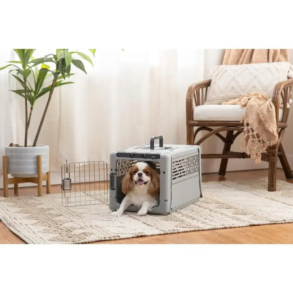 Portable Collapsible Pet Kennel Small Gray 19" Durable Twist Lock Metal Gate Ventilation Slots Easy Carry 20 lbs Dog Cat Kennel