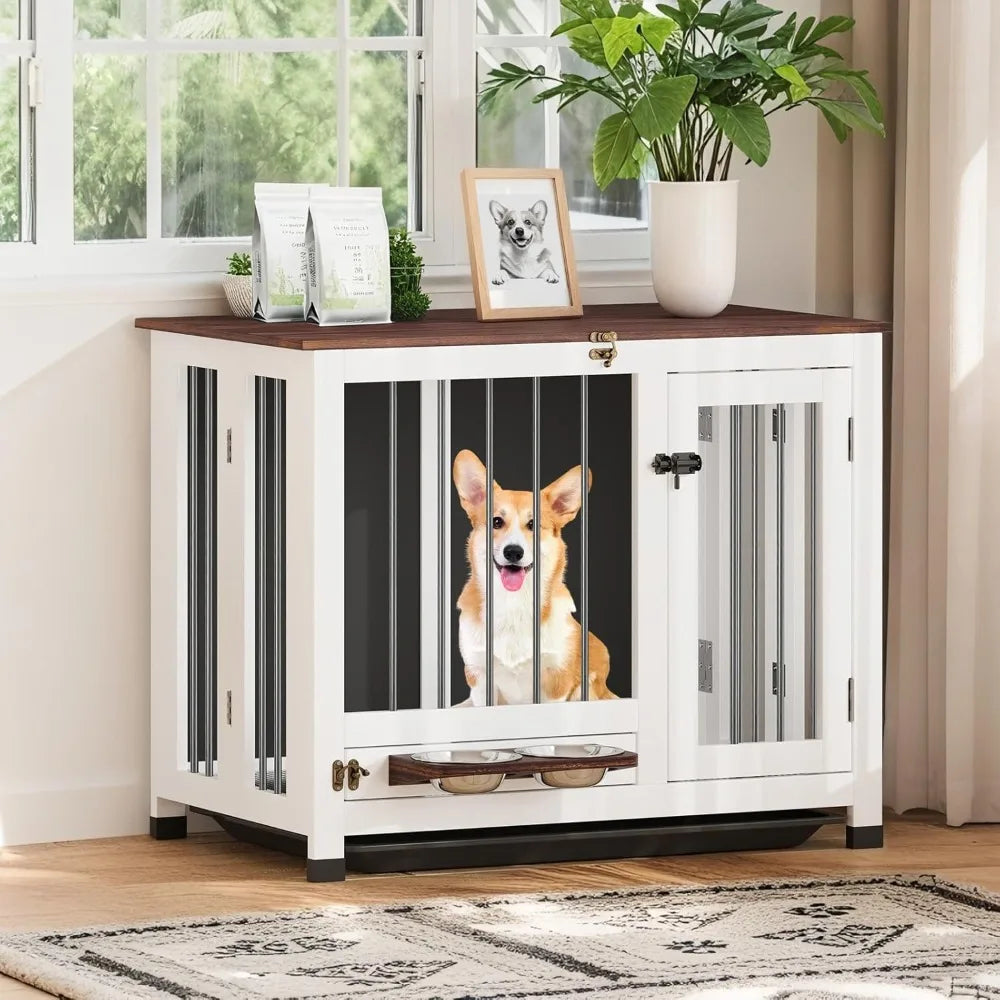 Dog Crate Furniture - 31.5" Wooden Dog Kennel with Removable Tray & 360° Rotating Feeder | Multi-Functional Dog Cage End Table f