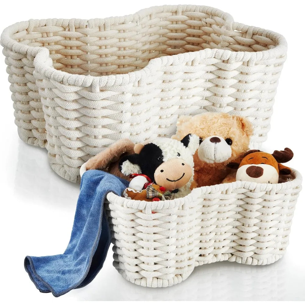 2 Pcs Dog Toy Basket Dog Toy Bin Bone Shaped Handmade Pet Organizer for Pet White Cotton Rope Basket (16.5 x 12.4 x 6.89 and 13