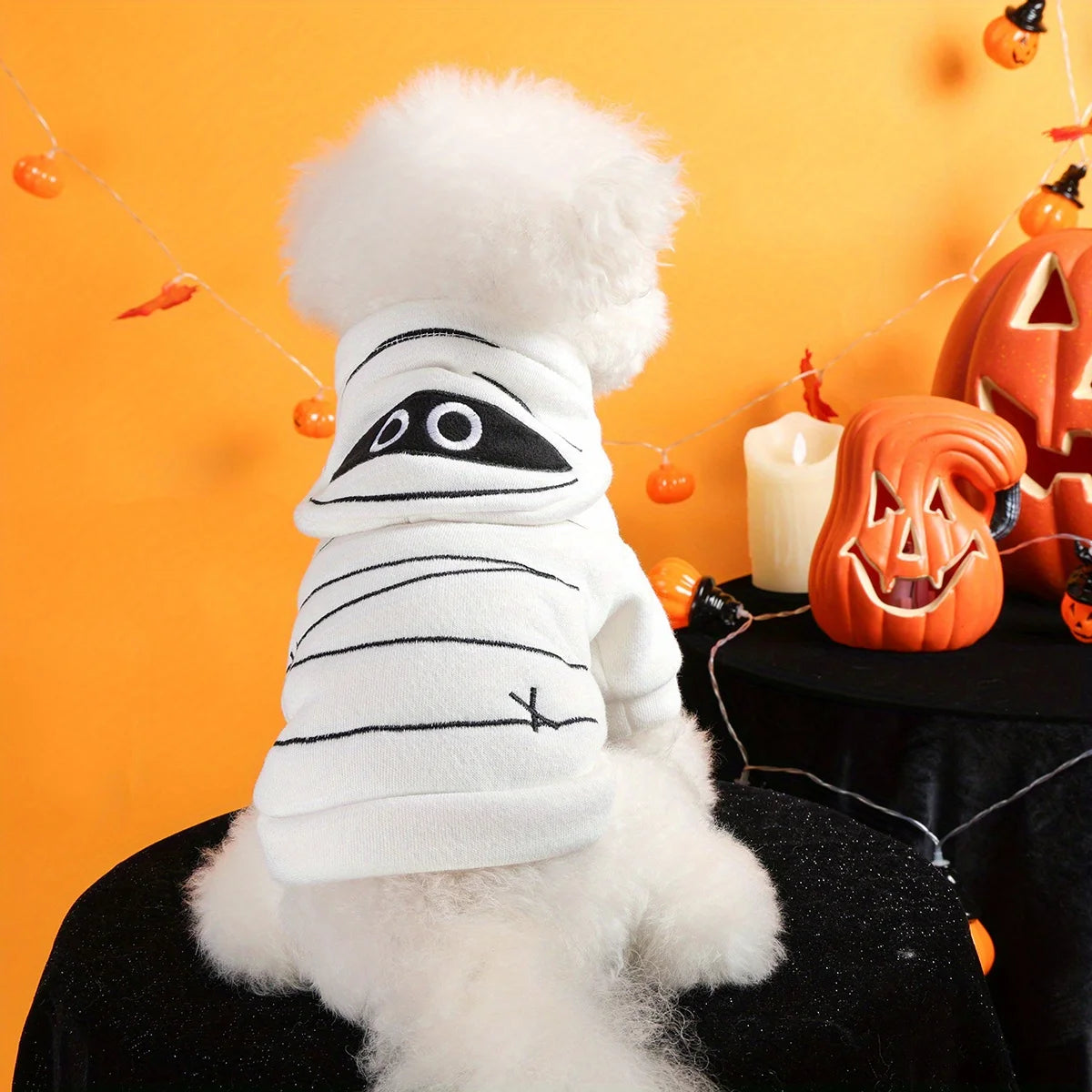 Halloween Mummy Sweater Pet Clothes Dog Cat White Warm Funny Embroidered Open Button Hooded Jacket
