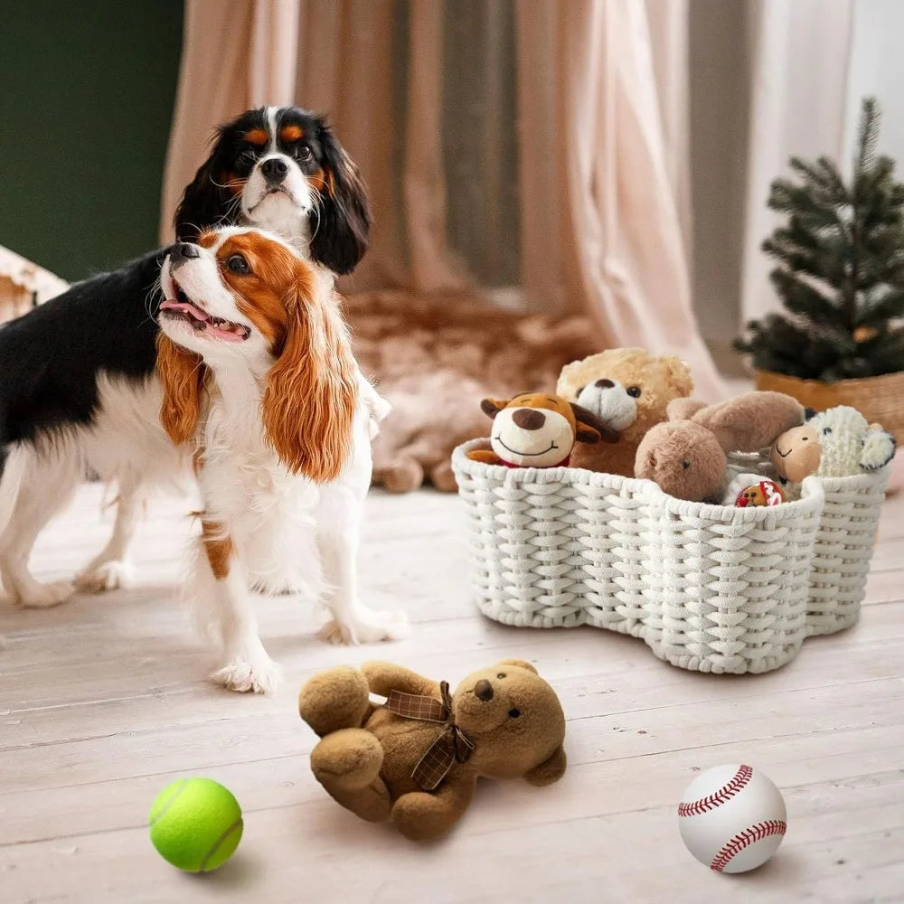 2 Pcs Dog Toy Basket Dog Toy Bin Bone Shaped Handmade Pet Organizer for Pet White Cotton Rope Basket (16.5 x 12.4 x 6.89 and 13