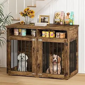 72'' Dog Crate Furniture for 2 Dogs, Wooden Dog Cage with Storage Compartment, Indoor Dog Kennel with 4 Doors for Large/Medium D