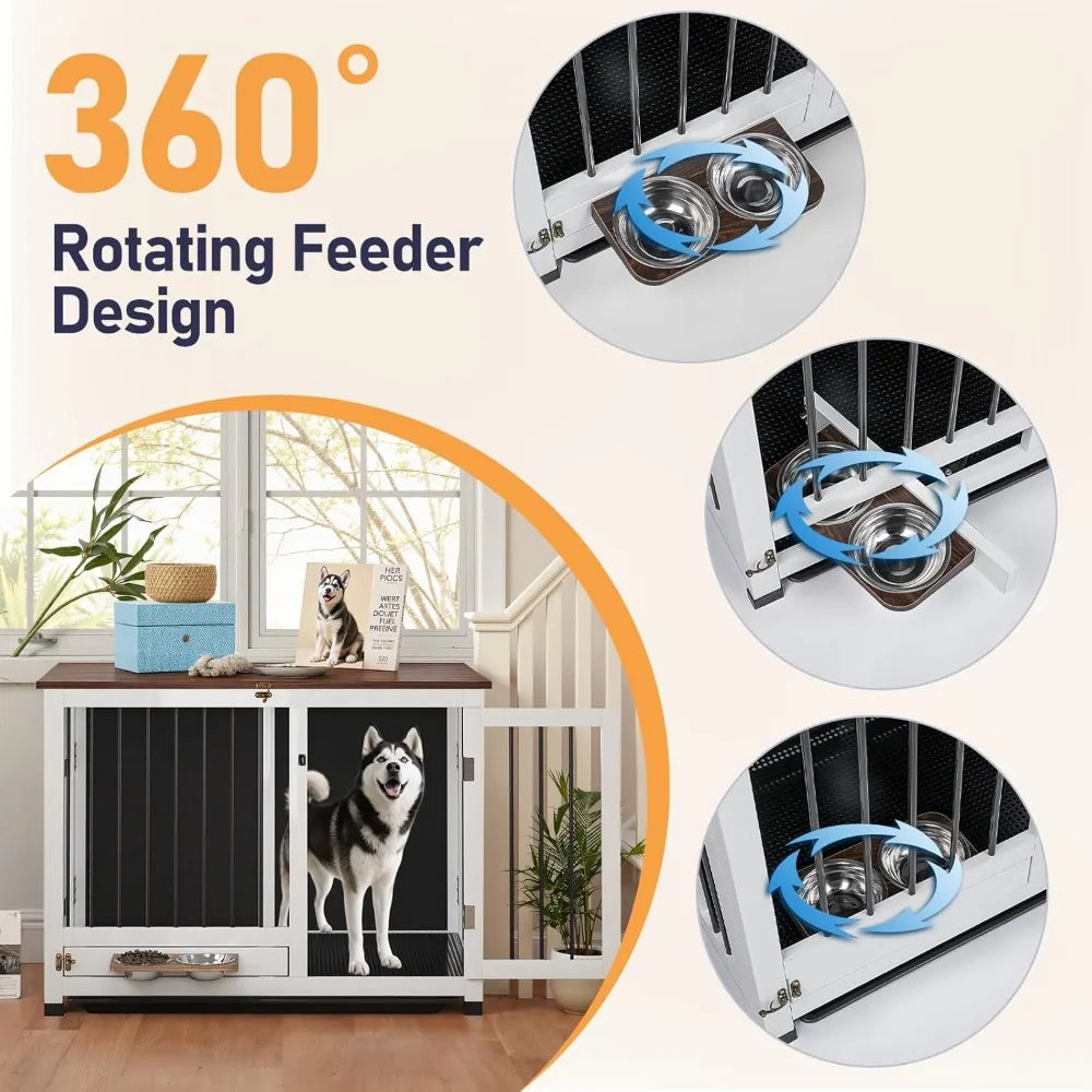 Dog Crate Furniture - 31.5" Wooden Dog Kennel with Removable Tray & 360° Rotating Feeder | Multi-Functional Dog Cage End Table f