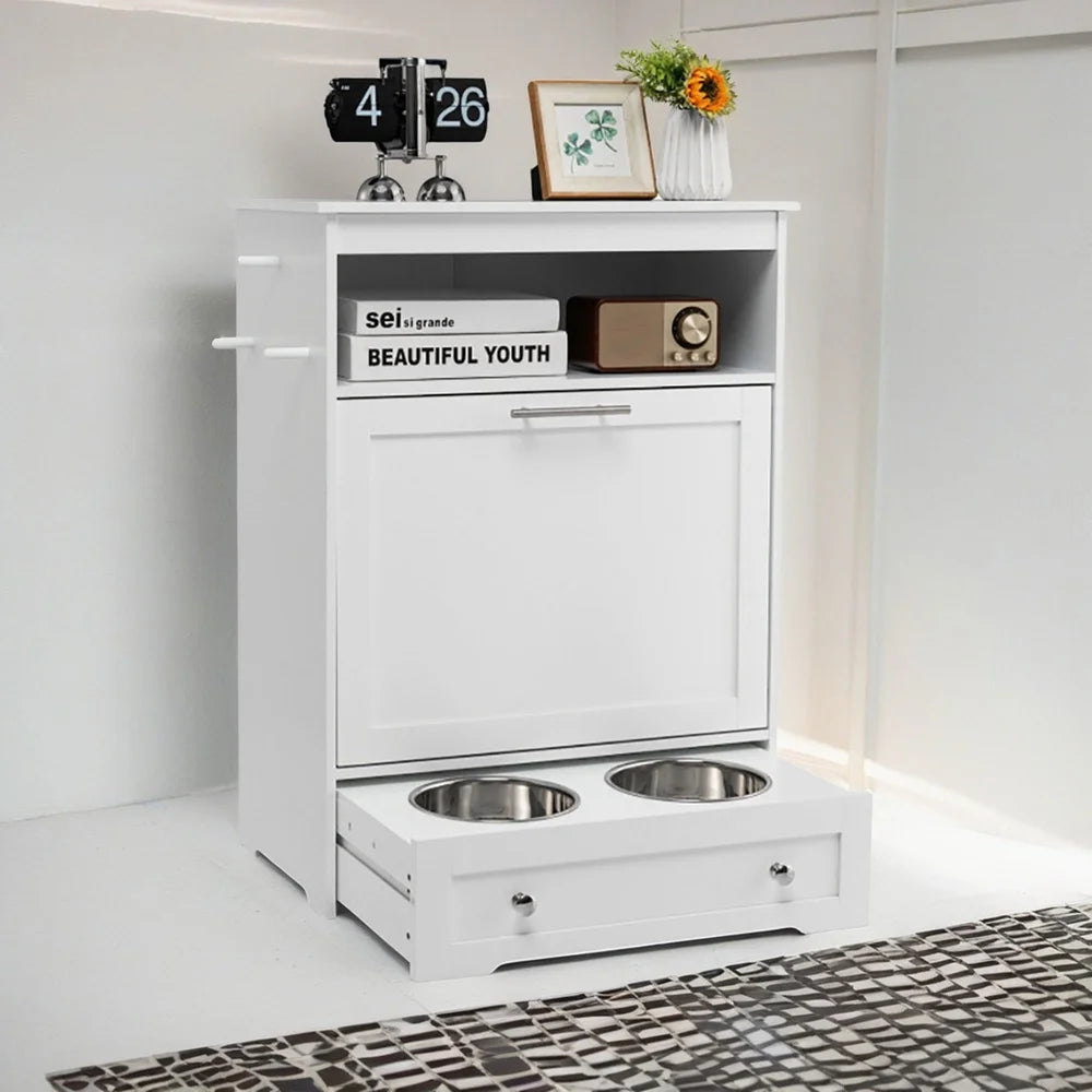 32 Inch Elevated Dog Feeder Station with Stainless Steel Bowls Pet Food Storage Cabinet Pull Out Drawer Hooks Organization