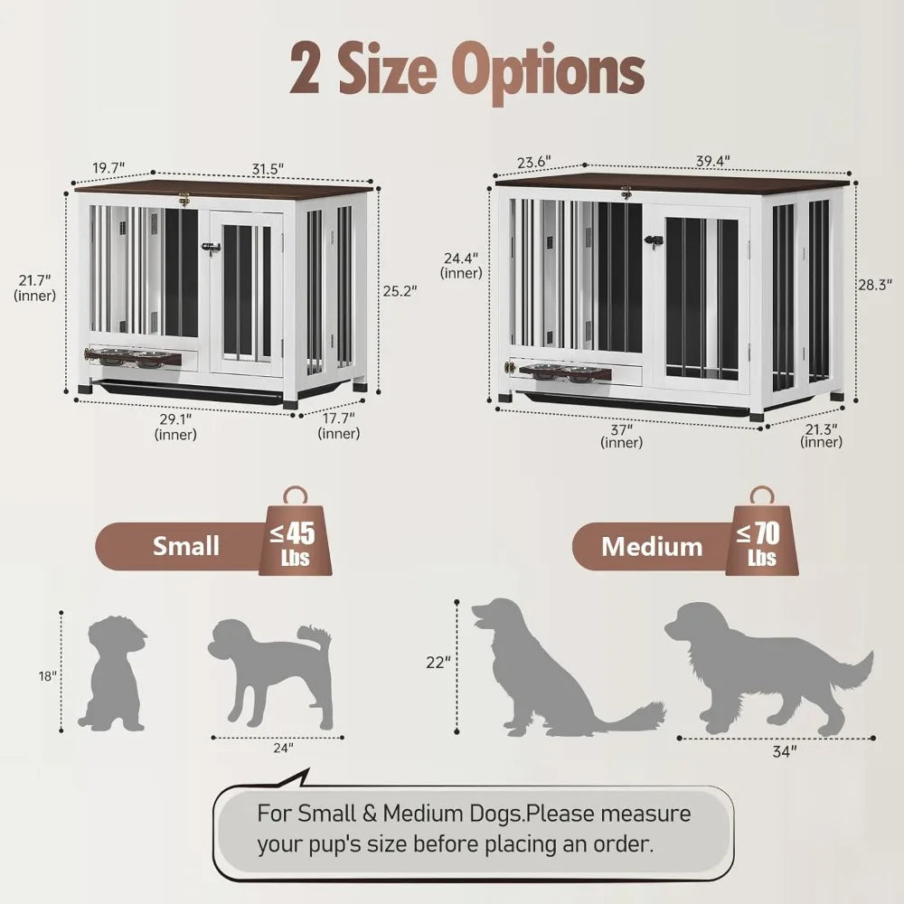 Dog Crate Furniture - 31.5" Wooden Dog Kennel with Removable Tray & 360° Rotating Feeder | Multi-Functional Dog Cage End Table f