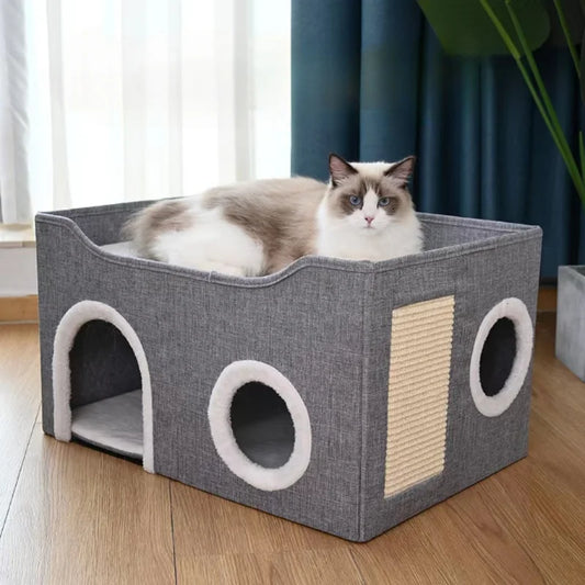 Indoor Double-decker Cat Litter, Semi-enclosed Kitten Cave Cat Villa, Large Pet House Cat Scratch Board
