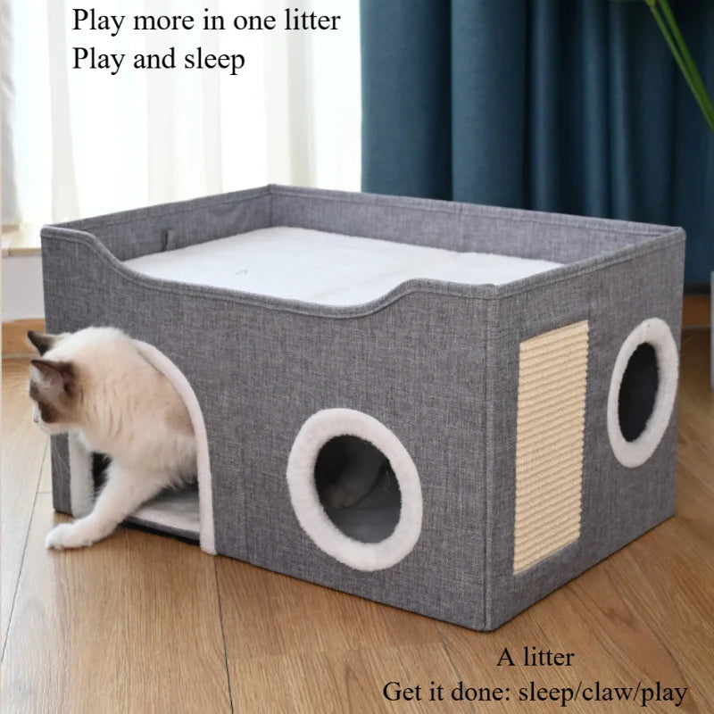 Indoor Double-decker Cat Litter, Semi-enclosed Kitten Cave Cat Villa, Large Pet House Cat Scratch Board