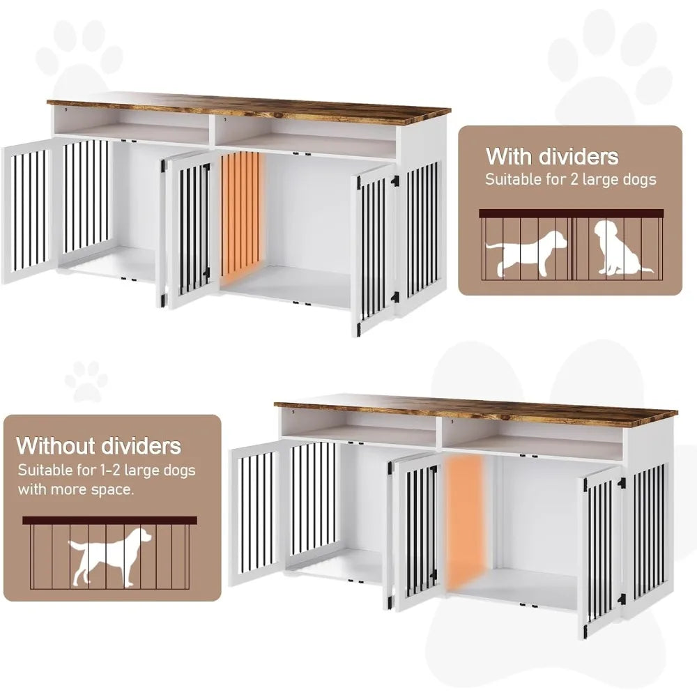 72'' Dog Crate Furniture for 2 Dogs, Wooden Dog Cage with Storage Compartment, Indoor Dog Kennel with 4 Doors for Large/Medium D