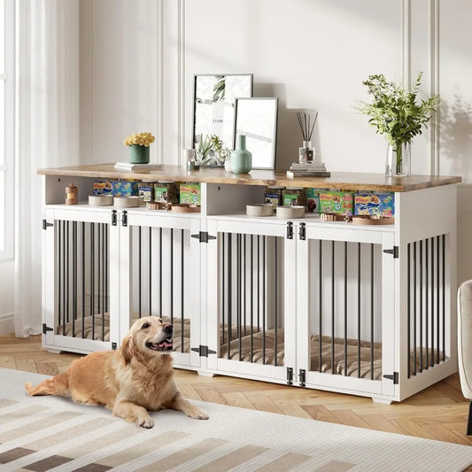 72'' Dog Crate Furniture for 2 Dogs, Wooden Dog Cage with Storage Compartment, Indoor Dog Kennel with 4 Doors for Large/Medium D